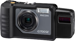 Ricoh's G700SE digital camera, shown with BR-1 laser barcode reader attached. Photo provided by Ricoh Co. Ltd. Click for a bigger picture!