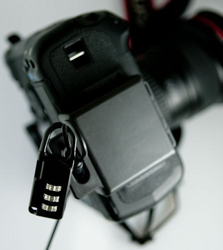 The GearGuard Camera Body Lock attaches to the camera’s tripod mount. Photo provided by Gary Fong Inc. Click for a bigger picture!