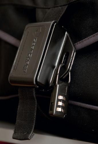 The GearGuard Bag Lock slides together over a camera bag's buckle. Photo provided by Gary Fong Inc. Click for a bigger picture!
