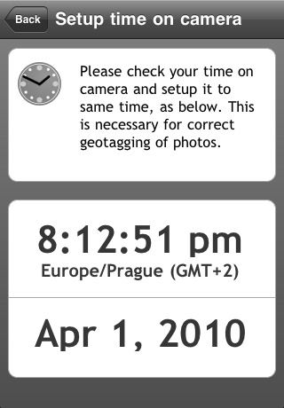 Geotag Photos 1.1 relies on your iPhone and camera clocks being closely matched. Screenshot provided by Sarsoft.