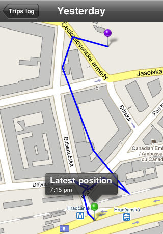 Geotag Photos 1.1 showing a trip path for a walk around Prague. Screenshot provided by Sarsoft.