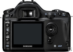 Samsung's GX-1S digital SLR. Courtesy of Samsung, with modifications by Michael R. Tomkins. Click for a bigger picture!