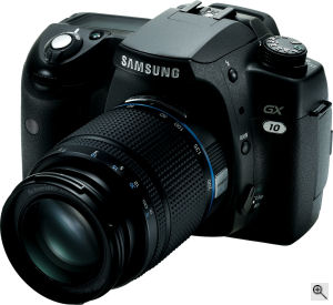 Samsung's GX-10 single-lens reflex digital camera. Courtesy of Samsung, with modifications by Michael R. Tomkins. Click for a bigger picture!