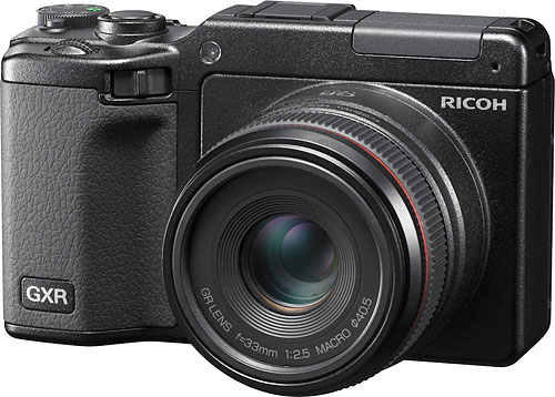 Ricoh's GXR digital camera, shown with optional APS-C sensor / 50mm equiv. lens module attached. Photo provided by Ricoh. Click for a bigger picture!
