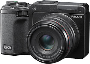 Ricoh's GXR digital camera, shown with optional APS-C sensor / 50mm equiv. lens module attached. Photo provided by Ricoh. Click for a bigger picture!