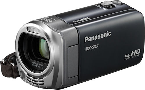 Front quarter view of Panasonic's HDC-SDX1 camcorder. Photo provided by Panasonic Consumer Electronics Co. Click for a bigger picture!