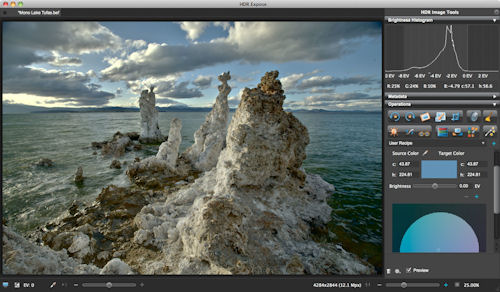 The new user interface in HDR Expose does away with floating palettes and dialog boxes. Screenshot provided by Unified Color Technologies LLC. Click for a bigger picture!
