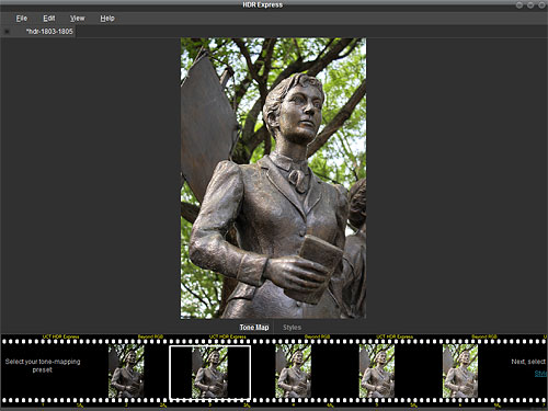 Compared to HDR Expose, the new HDR Express app has a simpler and more approachable interface. Here, the user is prompted to select a tone-mapping preset. Screenshot copyright © 2010, Imaging Resource. All rights reserved. Click for a bigger picture!