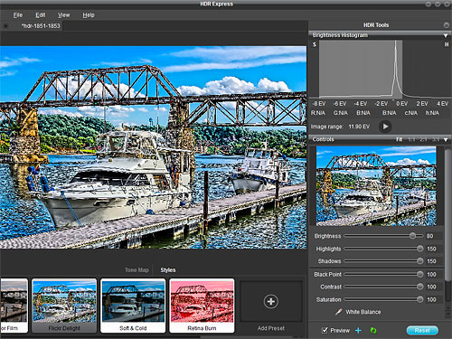 Once you've chosen a tone-mapping preset, you can select from a variety of style presets that control the overall look of an HDR image. Various UI elements can be separately opened or closed. Here we've enabled the HDR tools panel at right, including the histogram panel, and also the preset panel at bottom. Screenshot copyright © 2010, Imaging Resource. All rights reserved. All rights reserved. Click for a bigger picture!
