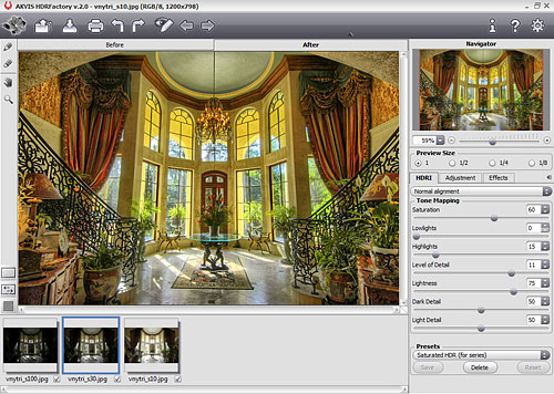 Creating a three-frame HDR image in Akvis HDRFactory v2.0. Screenshot provided by Akvis Lab LLC. Click for a bigger picture!