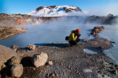 Photographer shooting closeup of a geothermal near the Hengill Volcano. Photo courtesy of Wild Photography Holidays. Click for a bigger picture!