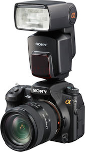 Sony's HVL-F58AM flash strobe mounted on the Alpha α-700 digital SLR. Courtesy of Sony, with modifications by Michael R. Tomkins. Click for a bigger picture!