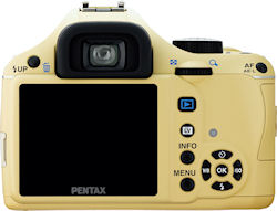 The beige version of the Pentax K-x digital SLR with 18-55mm kit lens. Photo provided by Pentax Imaging Co. Click for a bigger picture!