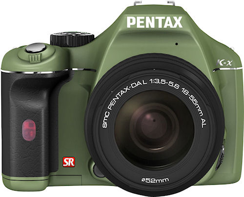 The olive green version of the Pentax K-x digital SLR with 18-55mm kit lens. Photo provided by Pentax Imaging Co. Click for a bigger picture!