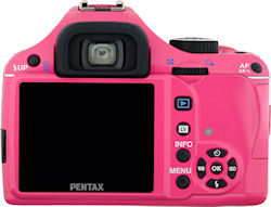 The pink version of the Pentax K-x digital SLR with 18-55mm kit lens. Photo provided by Pentax Imaging Co. Click for a bigger picture!