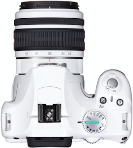Pentax's limited edition white K2000 digital SLR, top view. Photo provided by Pentax Imaging Co.  Click for a bigger picture!