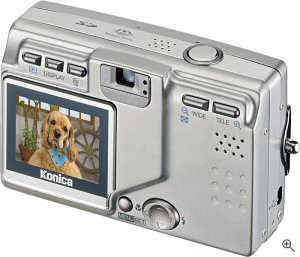 Konica's KD-510Z digital camera. Courtesy of Konica, with modifications by Michael R. Tomkins. Click for a bigger picture!