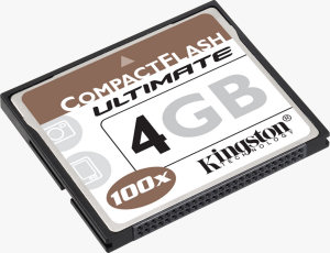 Kingston's 4GB CompactFlash Ultimate card. Courtesy of Kingston, with modifications by Michael R. Tomkins.