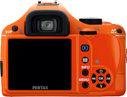Pentax's K-x digital SLR, rear view in orange body color. Photo provided by Pentax Imaging Co. Click for a bigger picture!