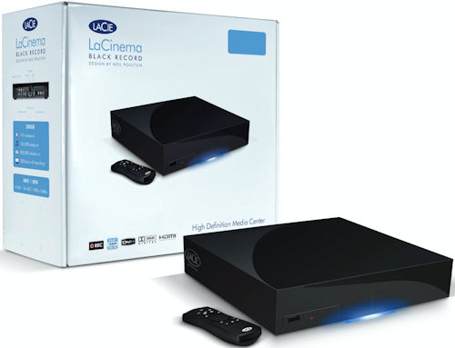 LaCie's LaCinema Black RECORD wireless HD media player, with product packaging. Photo provided by LaCie USA. Click for a bigger picture!
