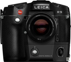 Leica's DIGITAL-MODUL-R on the R9 35mm film camera. Courtesy of Leica, with modifications by Michael R. Tomkins. Click for a bigger picture!