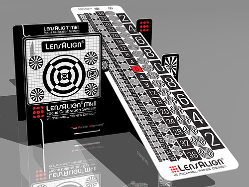The LensAlign MkII, shown assembled with the standard 10.5-inch ruler attached. Rendering provided by Michael Tapes Design. Click for a bigger picture!