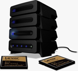 Lexar's stackable Pro Card Reader. Courtesy of Lexar, with modifications by Michael R. Tomkins. Click for a bigger picture!
