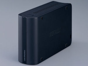 Buffalo's LinkStation Mini network-attached storage device. Courtesy of Buffalo, with modifications by Michael R. Tomkins. Click for a bigger picture!