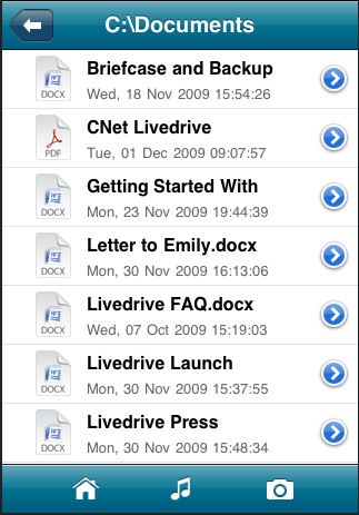 Browsing the documents folder of a backup using Livedrive's iPhone app. Screenshot provided by Livedrive. Click for a bigger picture!