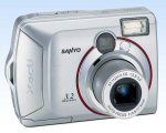 Sanyo's Xacti DSC-S3 digital camera. Courtesy of Sanyo, with modifications by Michael R. Tomkins. Click for a bigger picture!