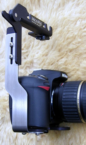The MicroFlip Flash Bracket mounted on a Nikon digital SLR. Photo provided by Hullett Practical Marketing Group. Click for a bigger picture!