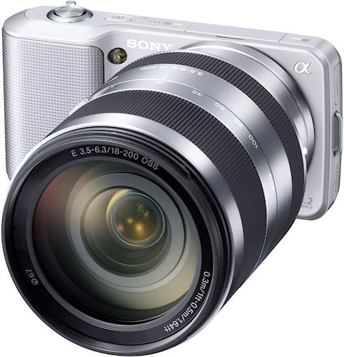 Sony's NEX-3 camera with E 18-200mm F3.5-6.3 OSS lens attached. Photo provided by Sony Electronics Inc. Click for a bigger picture!