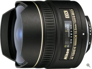 Nikon's AF DX Fisheye-Nikkor 10.5mm f/2.8G ED lens. Courtesy of Nikon, with modifications by Michael R. Tomkins. Click for a bigger picture!