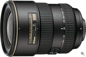 Nikon's AF-S DX Zoom-Nikkor 17-55mm f/2.8G IF-ED lens. Courtesy of Nikon, with modifications by Michael R. Tomkins. Click for a bigger picture!
