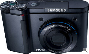 Samsung's NV10 digital camera. Courtesy of Samsung, with modifications by Michael R. Tomkins. Click for a bigger picture!