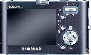 Samsung's NV3 digital camera. Courtesy of Samsung, with modifications by Michael R. Tomkins. Click for a bigger picture!