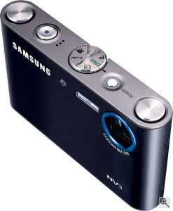 Samsung's NV3 digital camera. Courtesy of Samsung, with modifications by Michael R. Tomkins. Click for a bigger picture!