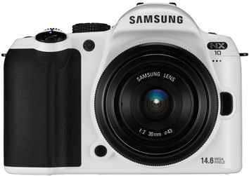 The limited edition white version of Samsung's NX10 single-lens direct view camera. Photo provided by Samsung Electronics Co. Ltd.