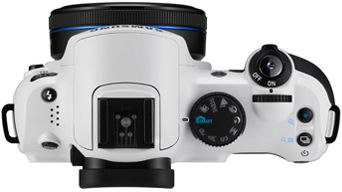 Samsung's NX10 White Edition single-lens direct view camera. Photo provided by Samsung Electronics Co. Ltd.