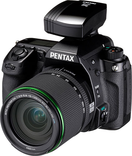 Pentax's K-5 digital SLR, shown with the optional O-GPS1 GPS receiver mounted. Photo provided by Pentax Imaging Co. Click for a bigger picture!