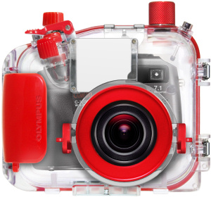 Olympus' PT-026 underwater housing. Courtesy of Olympus, with modifications by Michael R. Tomkins. Click for a bigger picture!