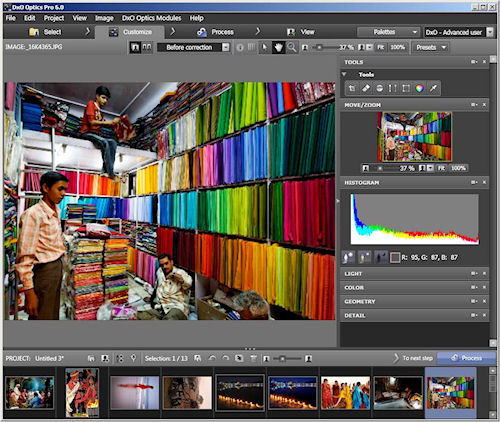 The Customize screen in DxO Optics Pro 6. Screenshot provided by DxO Labs. Click for a bigger picture!