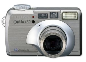 Pentax's Optio 450 digital camera. Courtesy of Pentax, with modifications by Michael R. Tomkins. Click for a bigger picture!