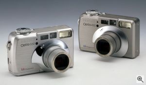 Pentax's Optio 450 and 550 digital cameras. Courtesy of Pentax, with modifications by Michael R. Tomkins. Click for a bigger picture!