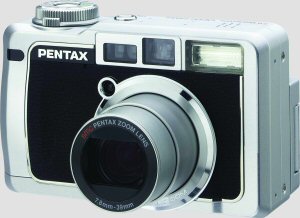 Pentax's Optio750Z digital camera. Courtesy of Pentax, with modifications by Michael R. Tomkins. Click for a bigger picture!