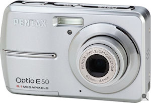 Pentax' Optio E50 digital camera. Courtesy of Pentax, with modifications by Michael R. Tomkins. Click for a bigger picture!
