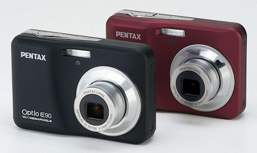The entry-level Pentax Optio E90 is available in black or red bodies, for around US$100. Photo provided by Pentax Imaging Co. Click for a bigger picture!