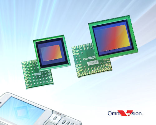 OmniVision's two megapixel OV2665 system-on-chip (left) and five megapixel OV5650 RAW image sensor (right) for camera phones. Photo provided by OmniVision Technologies Inc. Click for a bigger picture!