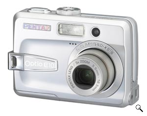Pentax's Optio E10 digital camera. Courtesy of Pentax, with modifications by Michael R. Tomkins. Click for a bigger picture!
