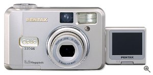 Pentax's Optio 330GS digital camera. Courtesy of Pentax, with modifications by Michael R. Tomkins.